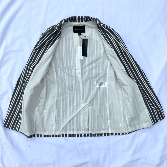 Banana Republic Factory Gray Ivory Striped Stretch Linen Long Blazer - Picture 7 of 8